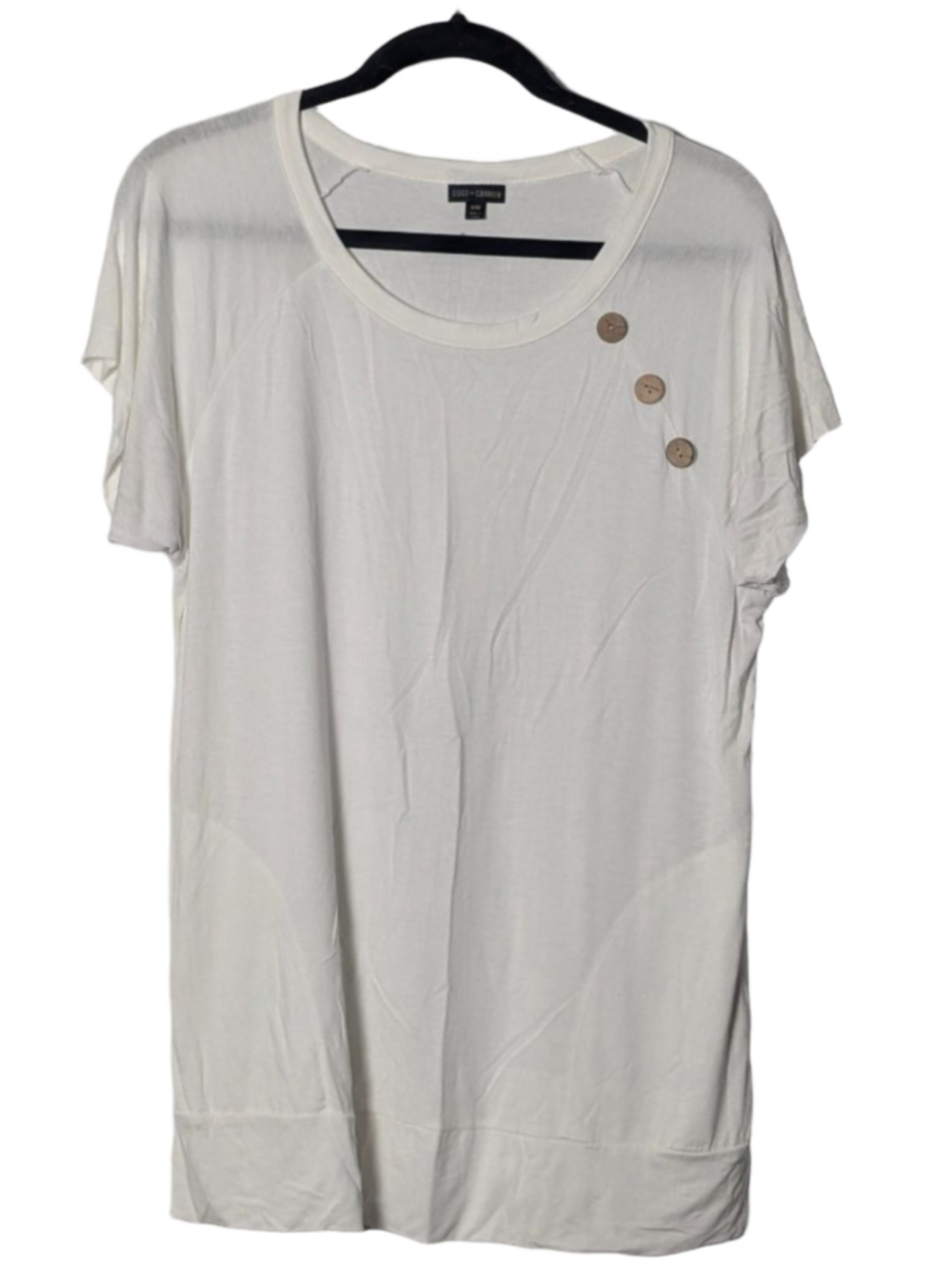 Women's COCO + CARMEN White Short Sleeve Tee with Brown Buttons S/M